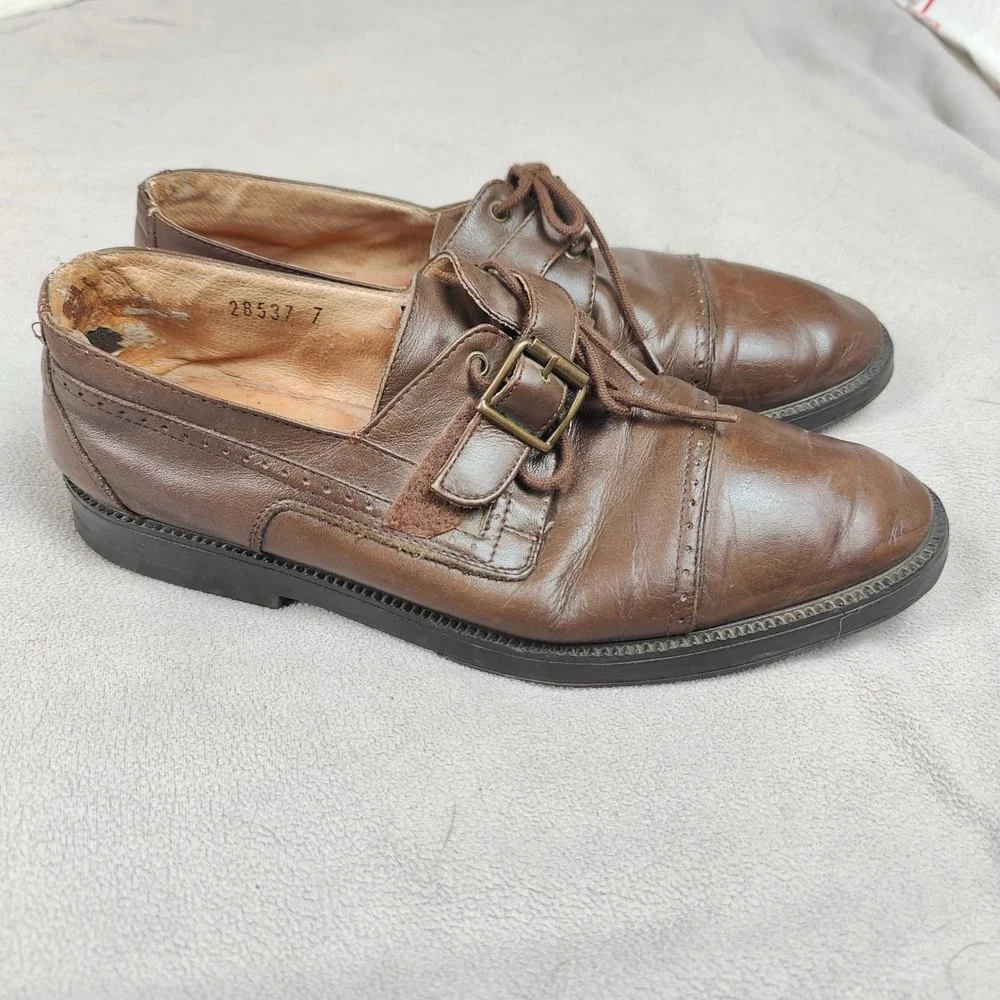 Vintage YSL Yves Saint Laurent Dress Shoes Men 7 Brown Leather Oxford Monk Strap